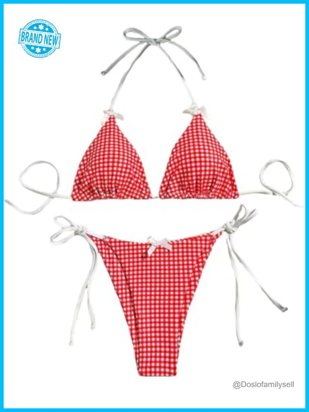 High Waisted Halter Triangle Bikini Set Gingham Plaid Tie Back Summer Swimwear